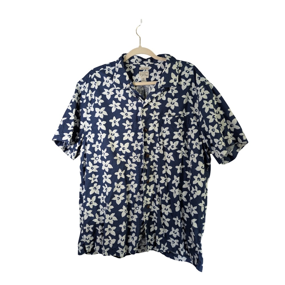 J.Crew Camp Shirt Mens XL Navy Blue White Floral Hemp Cotton Short Sleeve